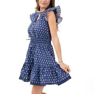 Mon Coco‎ Willow Ruffle Mini Dress XL Blue Allover Leaf Cottagecore Romantic
